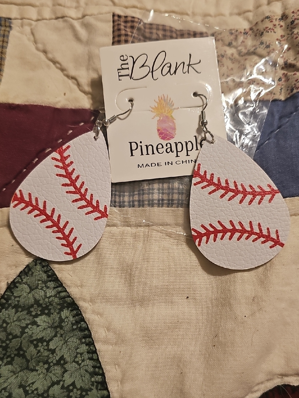 Blank NYC White Teardrop Earrings with Red Baseball Stitching